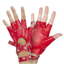 Fingerless Faux Leather Gloves - Red Biker Punk Gloves with Belt Up Closure and Rivet Design for Women and Kids