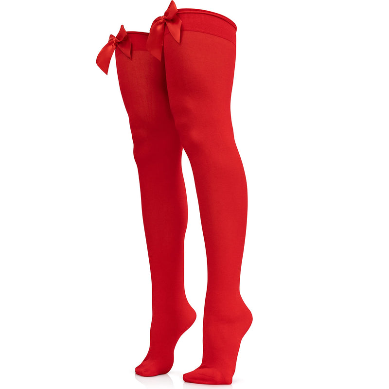 Bow Accent Thigh Highs - Red Over The Knee High Stockings with Red Satin Ribbon Bow Accent for Women and Girls