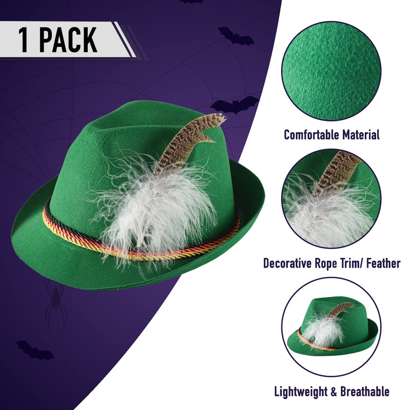 German Oktoberfest Alpine Fedora - Bavarian Swiss Green Traditional Trachten Felt Costume Hat with Feather for Kids and Adults