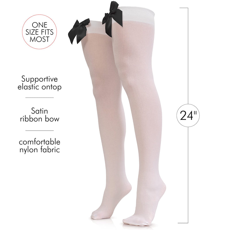 Bow Accent Thigh Highs - White Over the Knee High Stockings with Black Satin Ribbon Bow Accent for Women and Girls