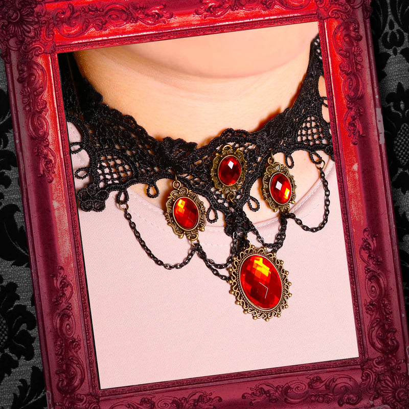 Gothic Vampire Jewelry Set Black Lace Choker with Red Rhinestone Ear