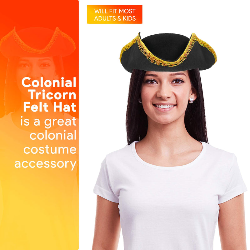 Adult Black Colonial Tricorne Hat - Pirate, Paul Revere, Tri-Corner Costume Hat - One Size Fits Most Unisex
