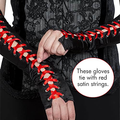 Fingerless Lace Up Gloves -  Long Black Costume Elbow Arm Warmer Accessories with Red Satin Laced Tie for Dress Up