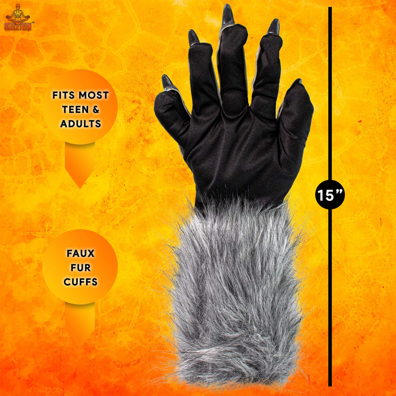 Werewolf Hand Costume Gloves - Grey Hairy Wolf Claw Hands Paws Monster Costume Accessories for Kids and Adults
