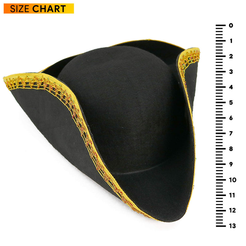 Colonial Black Tricorn Hat - Revolutionary War Costume Tricorner Deluxe Hat with Gold Trimming