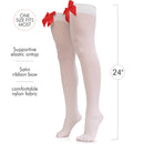 Bow Accent Thigh Highs - White Over the Knee High Stockings with Red Satin Ribbon Bow Accent for Women and Girls