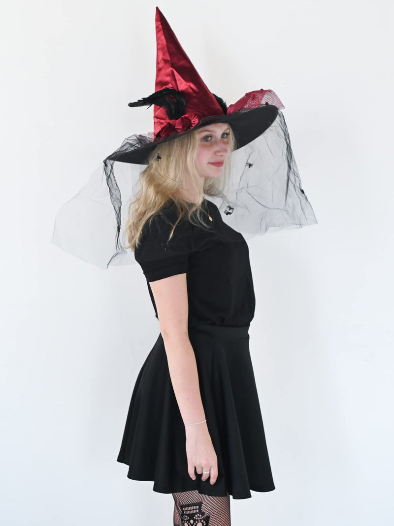 Deluxe Pointed Witch Hat - Glamorous Red Witches Accessories Fancy Satin Hat with Bow, Spiders and Black Feathers