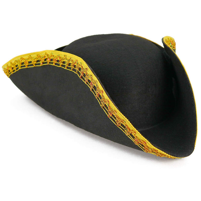 Colonial Black Tricorn Hat - Revolutionary War Costume Tricorner Deluxe Hat with Gold Trimming