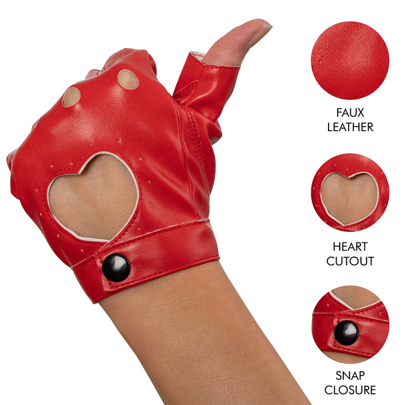 Fingerless Biker Jazz Gloves - 80s Style Gothic Red Faux Leather Punk Biker Gloves with Heart Cutout for Women and Kids