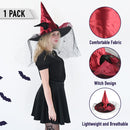 Deluxe Pointed Witch Hat - Glamorous Red Witches Accessories Fancy Satin Hat with Bow, Spiders and Black Feathers