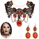 Gothic Vampire Jewelry Set - Black Lace Choker with Red Rhinestone Earrings Pirate Accessories Set for Women and Girls