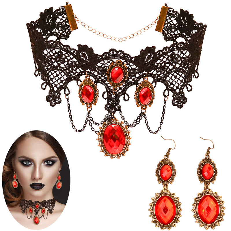 Gothic Vampire Jewelry Set - Black Lace Choker with Red Rhinestone Earrings Pirate Accessories Set for Women and Girls
