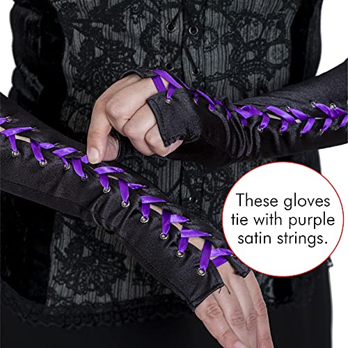 Fingerless Lace Up Gloves - Long Black Costume Elbow Arm Warmer Accessories with Purple Satin Laced Tie for Dress Up