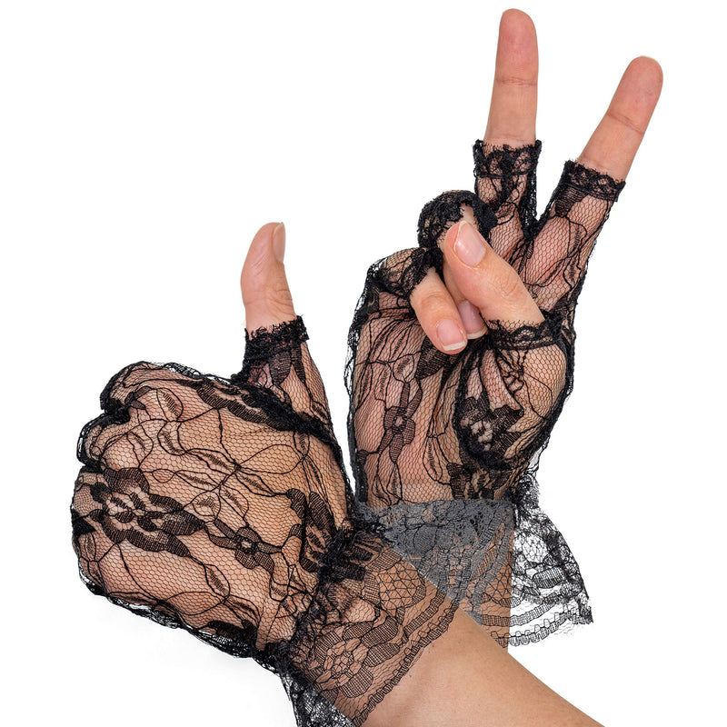 Fingerless Lace Black Gloves - Ladies and Girls Ruffled Lace Finger Free Bridal Wrist Gloves
