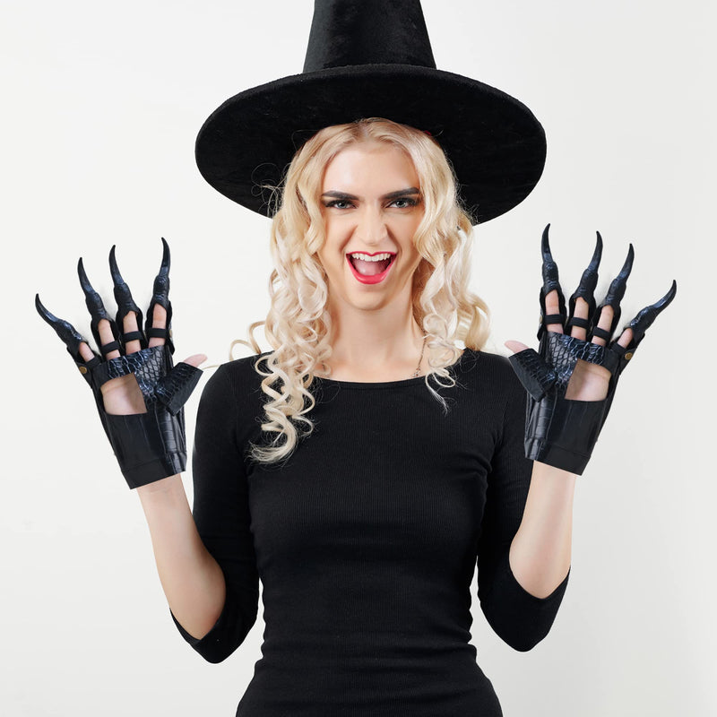 Faux Leather Claw Gloves - Black Lizard Skin Scary Leather Hand Glove Animal Claws for Women and Kids