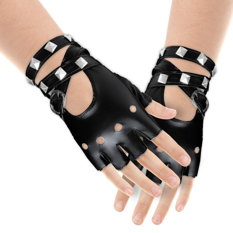 Fingerless Faux Leather Gloves - Black Biker Punk Gloves with Belt Up Closure and Rivet Design for Women and Kids