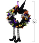 Happy Halloween Witch Wreath - Front Door Hanging Witchy Decorations with Pumpkins, Maple Leaves, Witch Hat and Witch Legs