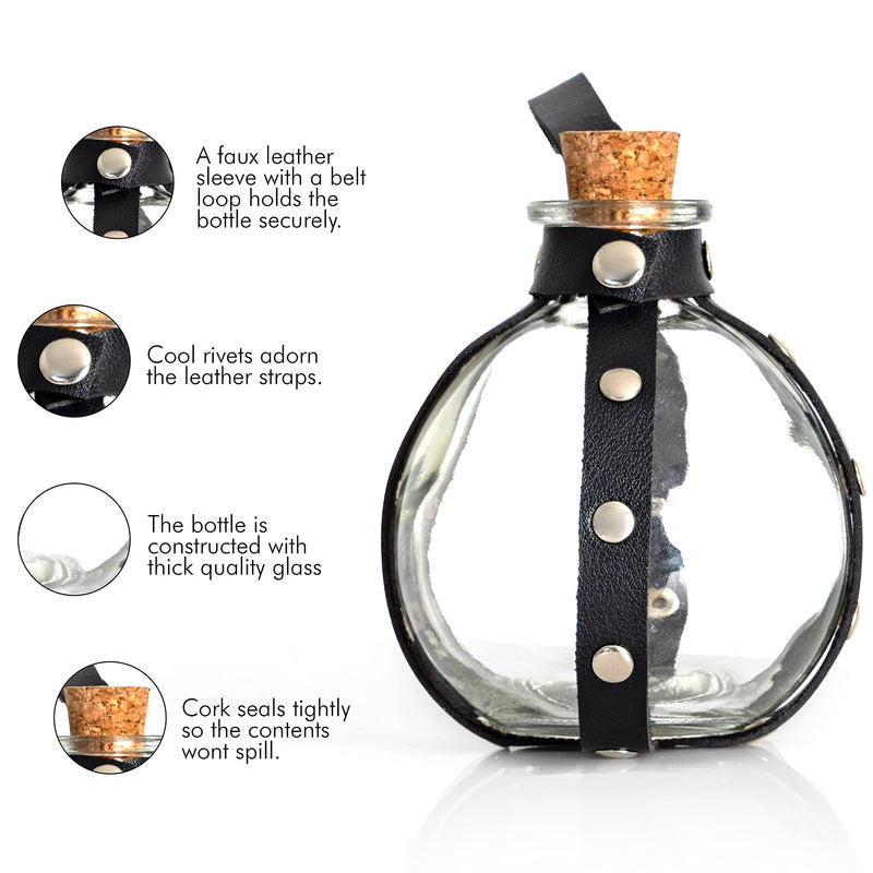 Dark Magic Potion Bottle - Black Wizard Potions Glass Holder with Cork Stopper and Faux Leather Harness with Holster Loop