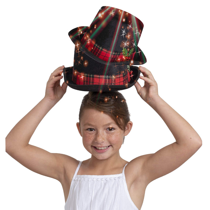 Snowman Top Hat Accessory - Black Velvet Snow Man Top Hat with Berries and Holly and Red Plaid Trim Band Costume Accessories for Adults and Kids