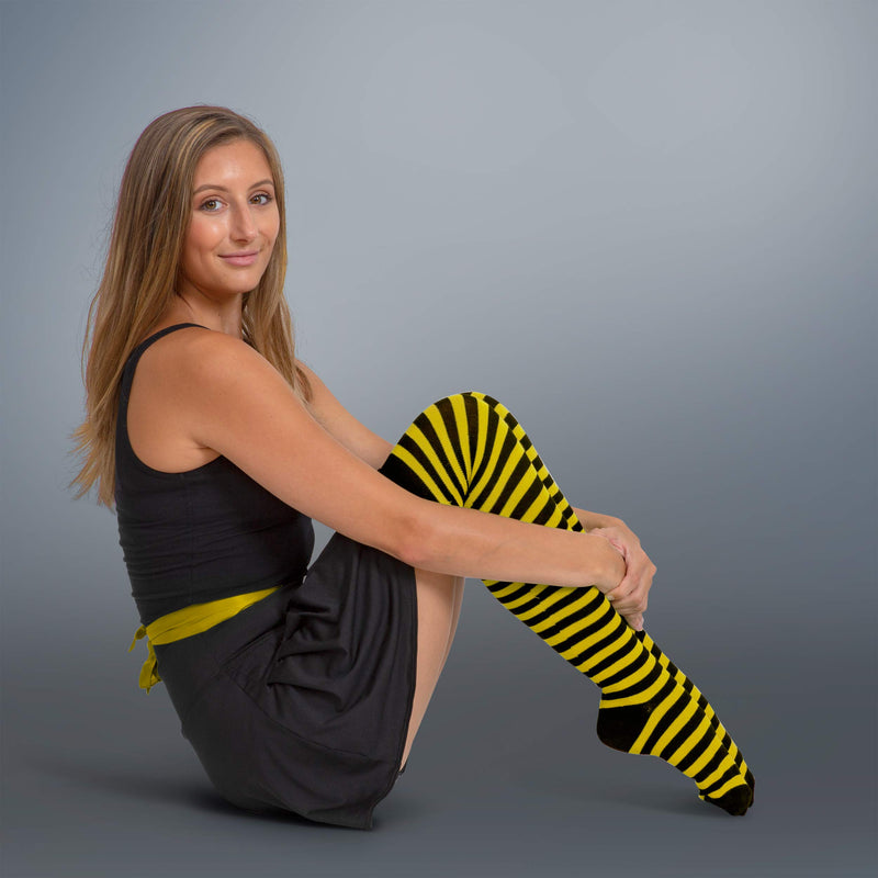 Black and Yellow Socks - Over The Knee Striped Thigh High Costume Accessories Bumble Bee Stockings for Women and Kids