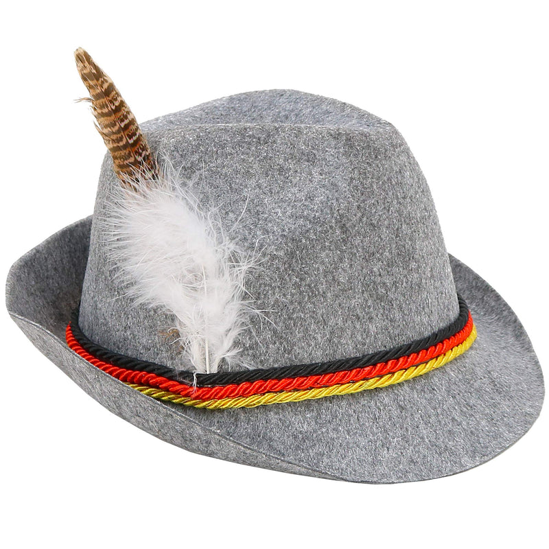 German Oktoberfest Alpine Fedora - Bavarian Swiss Traditional Trachten Felt Costume Hat with Feather for Kids and Adults Grey