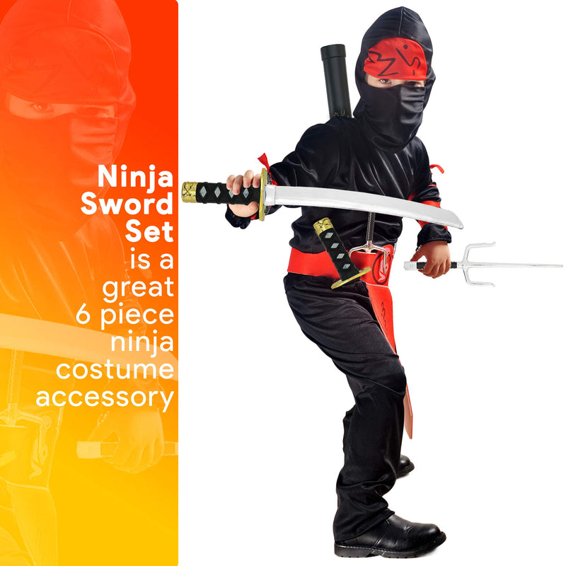 Ninja Weapons Toy Set - Fighting Warrior Weapon Costume Set with Katana Swords, Sai Daggers, and Shuriken Stars - 6 Pieces