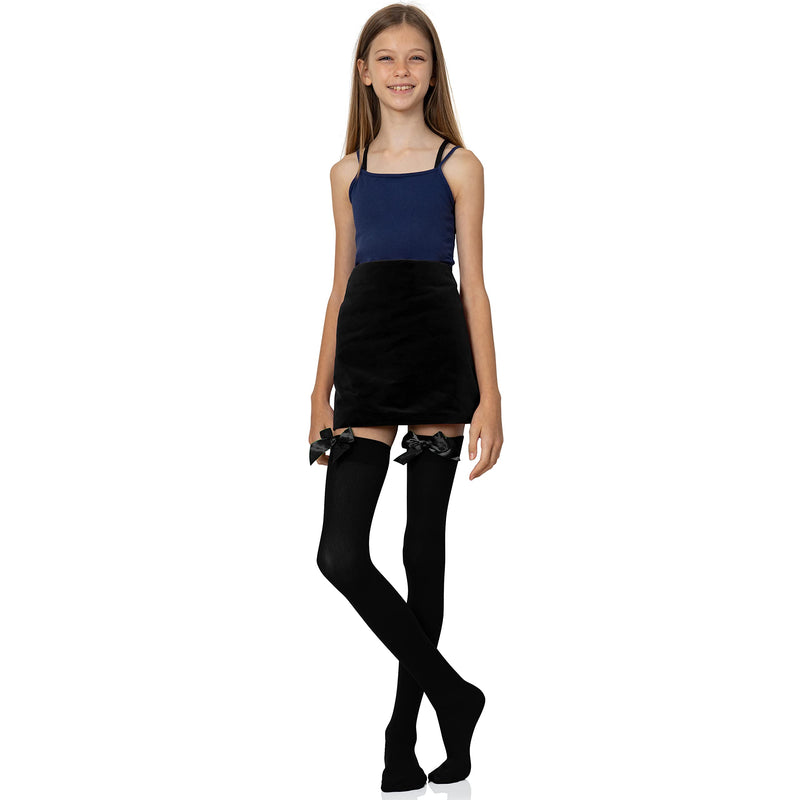 Bow Accent Thigh Highs - Black Over the Knee High Stockings with Black Satin Ribbon Bow Accent for Women and Girls