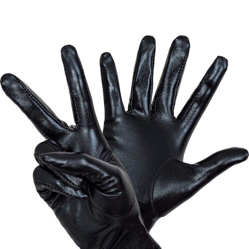 Metallic Black Costume Gloves - Shiny Black Superhero Evening Stretch Dress Glove Set for Men, Women and Kids