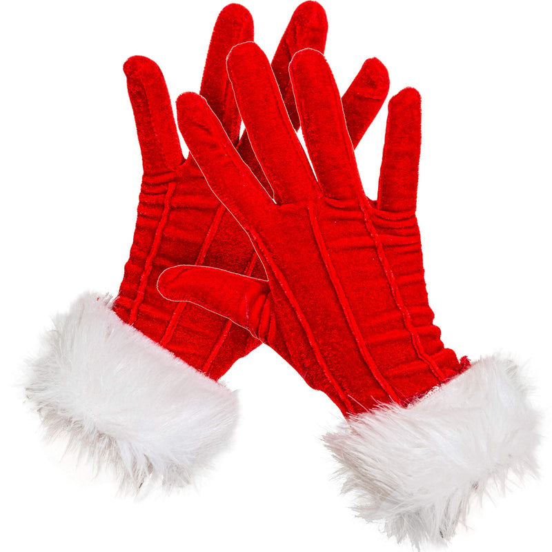 Red Fur Costume Gloves - Red Velvet Gloves with White Furry Cuff Accessories for Costumes for Women and Kids