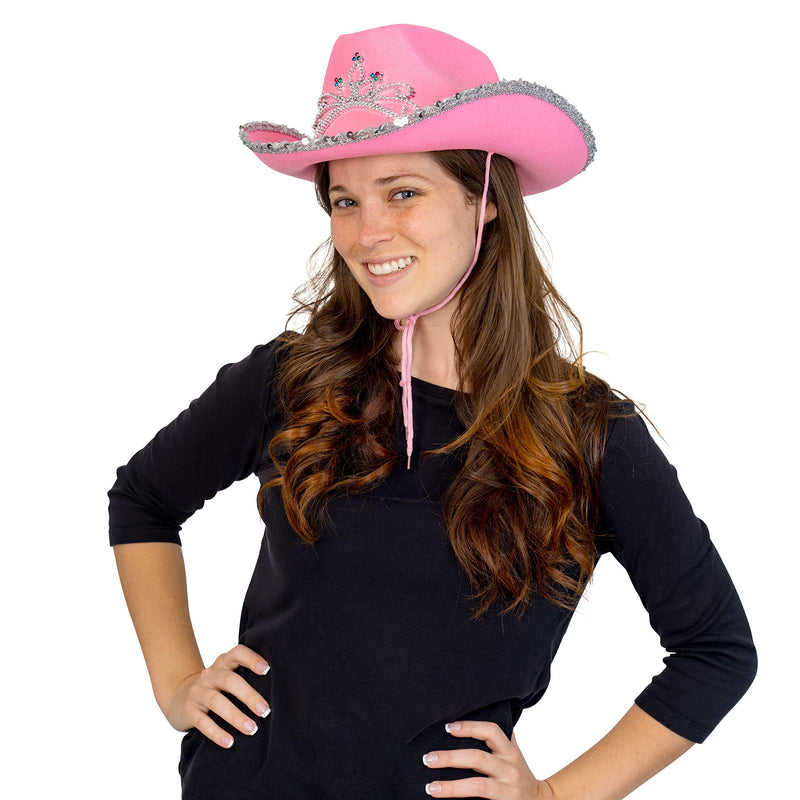 Skeleteen Pink Cowboy Hat - Pink Sequin Cowgirl Princess Hat with Crown Tiara Design Skeleteen Pink Cowboy Hat - Pink Sequin Cowgirl Princess Hat with Crown Tiara Design