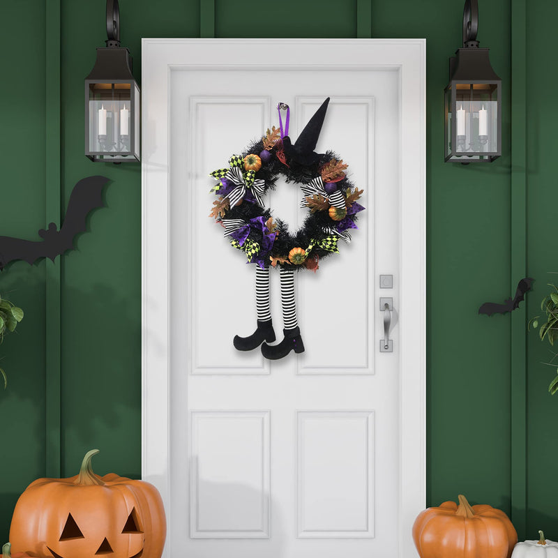 Happy Halloween Witch Wreath - Front Door Hanging Witchy Decorations with Pumpkins, Maple Leaves, Witch Hat and Witch Legs