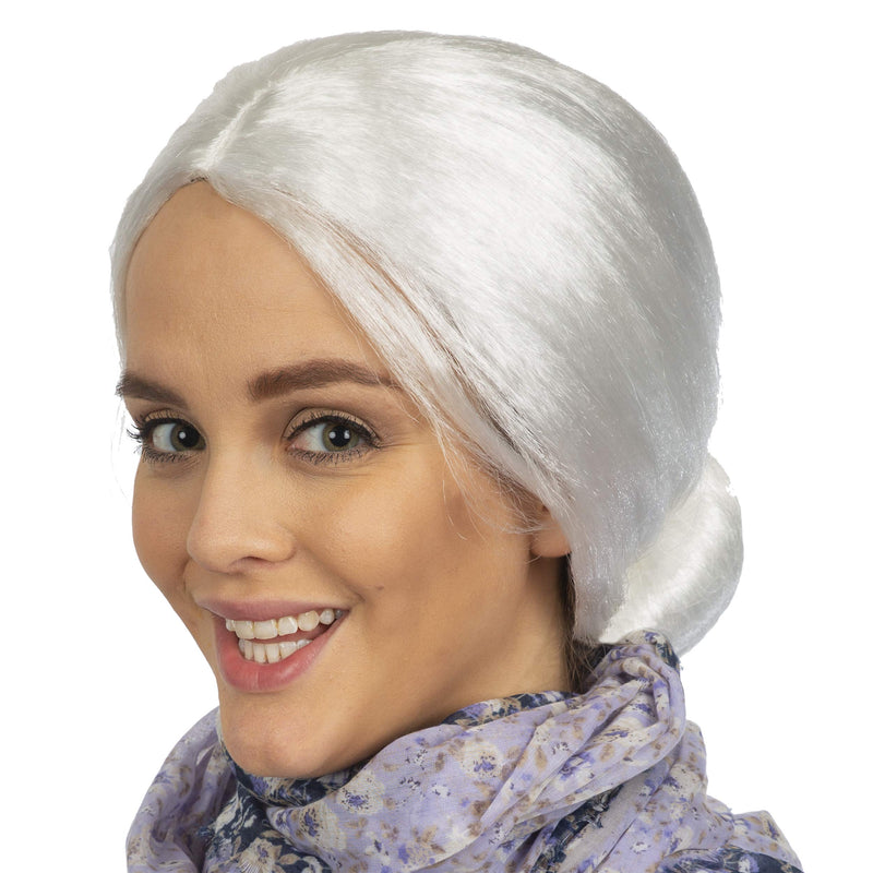 White Old Lady Wig - White Granny Costume Accessories Wig with Bun for Adults and Kids