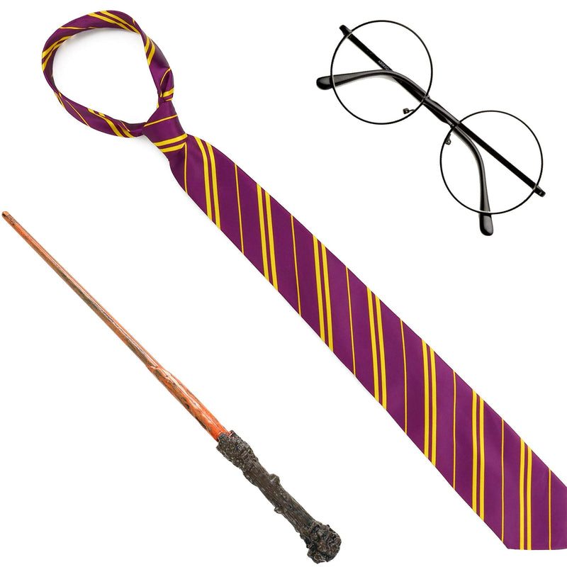 Skeleteen Wizard Costume Accessories Set - Nerd Circle Glasses, Red and Gold Tie and a Magic Wand Accessory Set for Kids and Adults