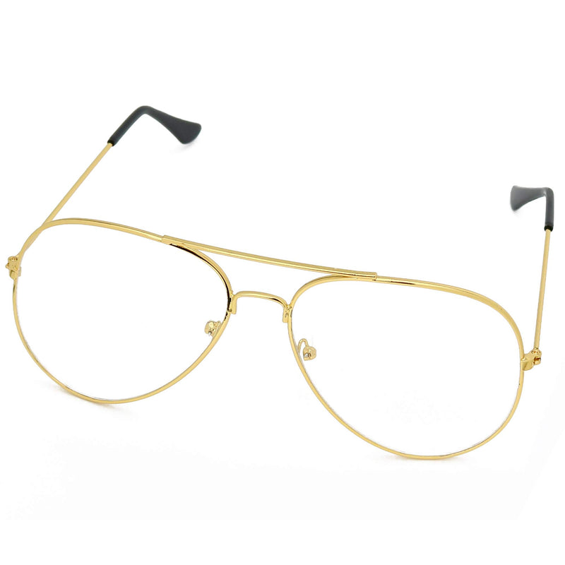 Clear Lens Costume Glasses - 70's Style Aviator Gold Wire Rimmed Clear Sunglasses for Adults and Kids
