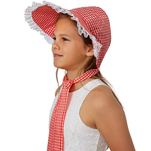 Colonial Pioneer Womens Bonnet - Revolutionary War Red and... Gingham Pilgrim Women Bonnets Sun Hats Dress Up Costume Accessories