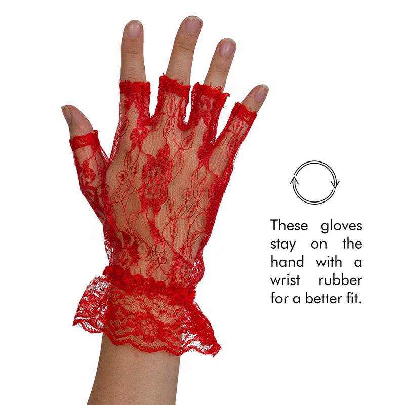 Fingerless Lace Red Gloves - Ladies and Girls Ruffled Lace Finger Free Bridal Wrist Gloves