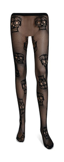 Black Fishnet Skull Tights - Gothic Day of the Dead Halloween Fish Net Pantyhose with Ripped Skeleton Sugar Skulls Stockings
