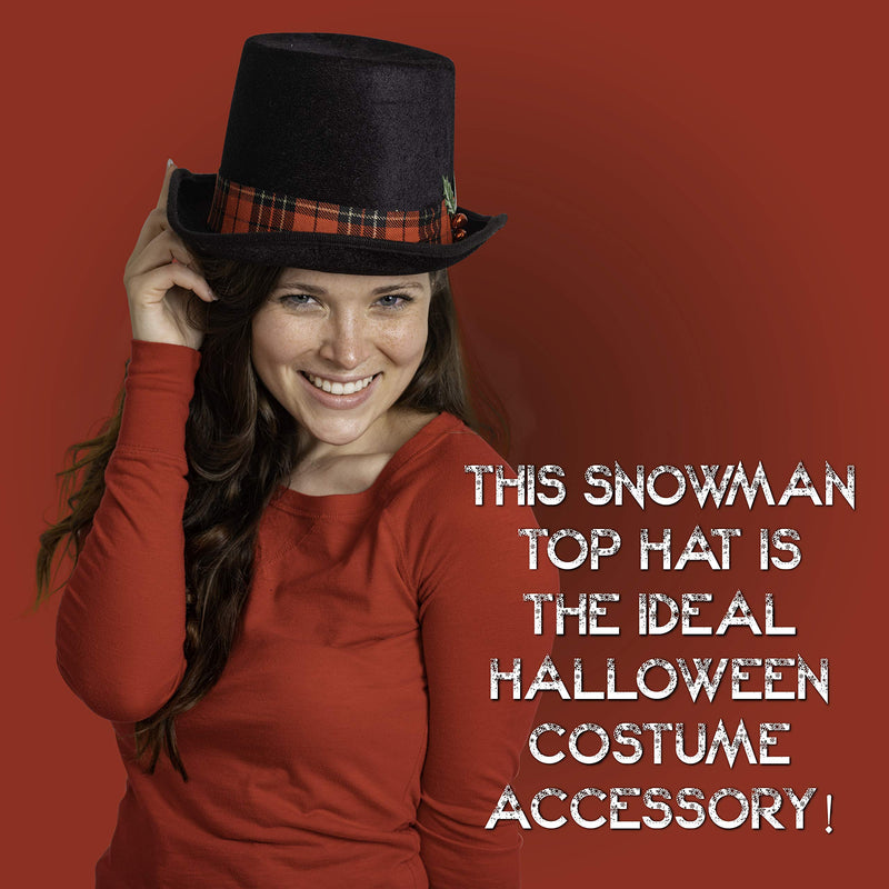 Snowman Top Hat Accessory - Black Velvet Snow Man Top Hat with Berries and Holly and Red Plaid Trim Band Costume Accessories for Adults and Kids
