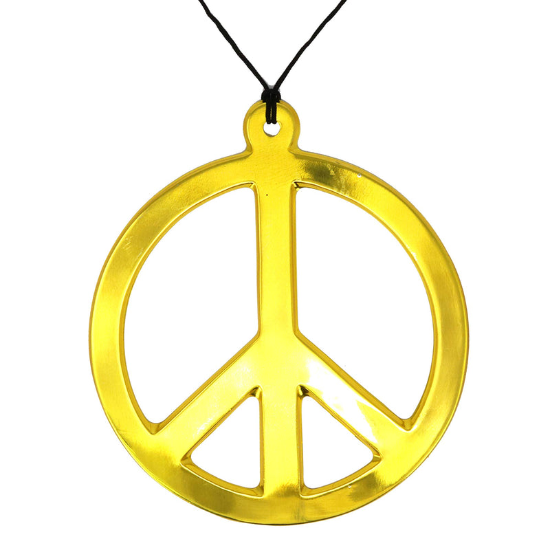 Hippie Peace Sign Medallion - 1960s Gold Peace Symbol Necklace Costume Accessory - 1 Piece