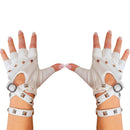Fingerless Faux Leather Gloves - White Biker Punk Gloves with Belt Up Closure and Rivet Design for Women and Kids