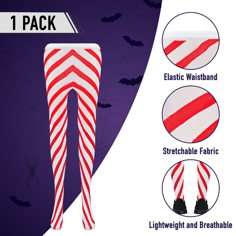 Candy Cane Striped Tights – Red and White Diagonally Striped Nylon Stretch Pantyhose Stocking Accessories for Every Day Attire and Costumes for Men, Women and Kids