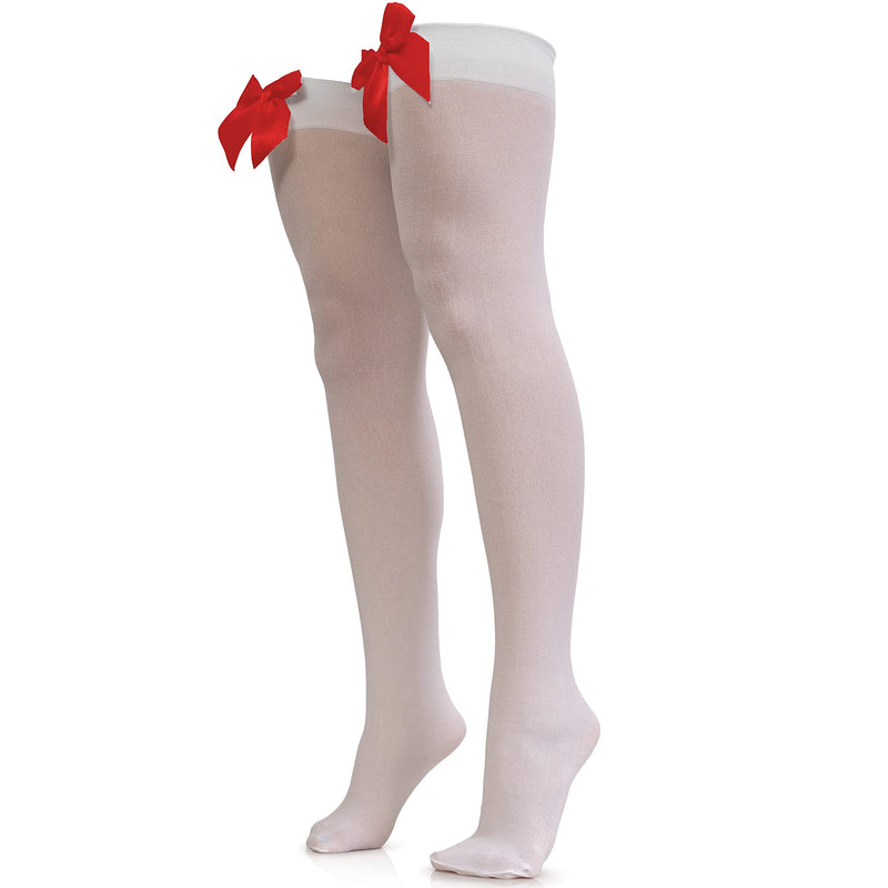 Bow Accent Thigh Highs - White Over the Knee High Stockings with Red Satin Ribbon Bow Accent for Women and Girls