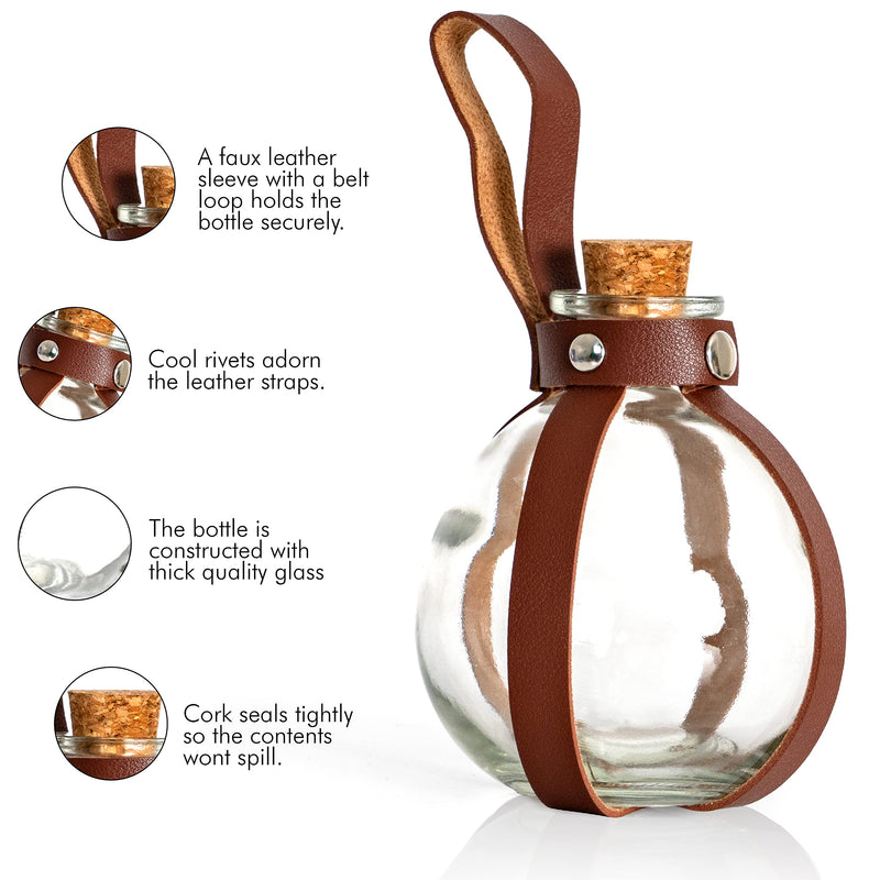 Dark Magic Potion Bottle - Brown Wizard Potions Glass Holder with Cork Stopper and Faux Leather Harness with Holster Loop