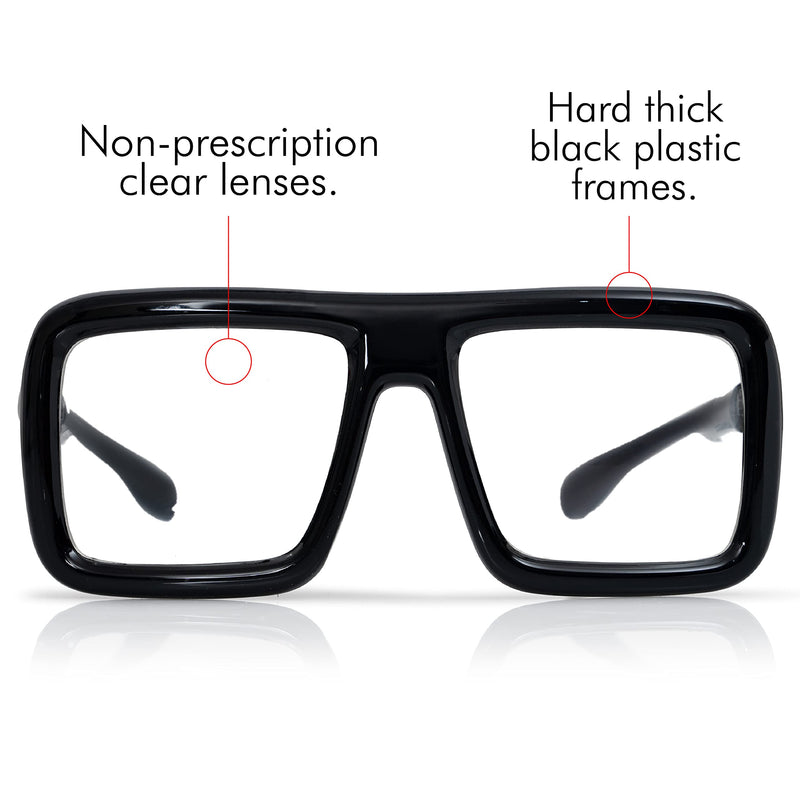 Black Oversized Thick Glasses – Shiny Square Frame Old Man Nerd Costume Accessory Clear Lens Spectacles for Adults and Children
