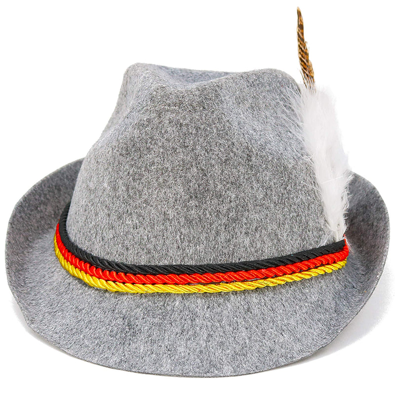German Oktoberfest Alpine Fedora - Bavarian Swiss Traditional Trachten Felt Costume Hat with Feather for Kids and Adults Grey