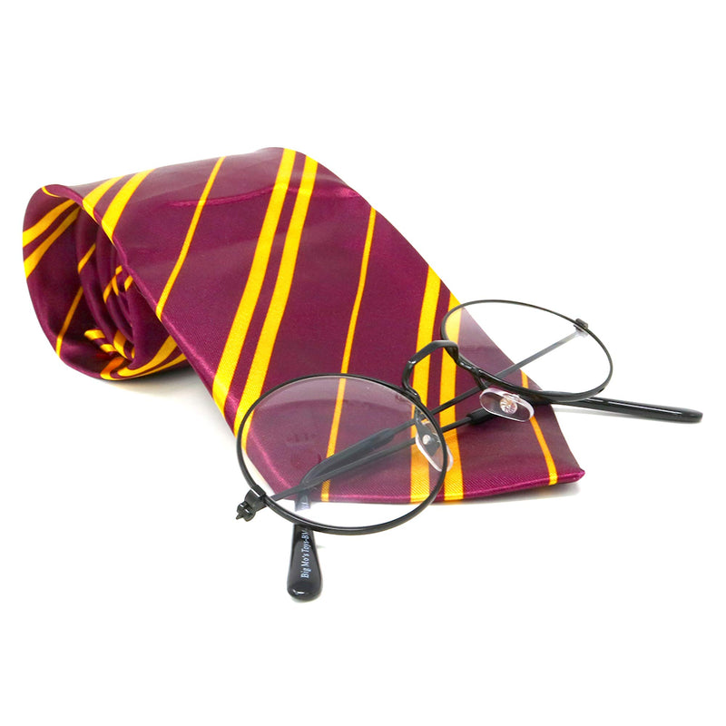 Wizard Glasses and Tie - Maroon and Gold Dress Up Tie and Black Round Glasses Set - 1 Pair