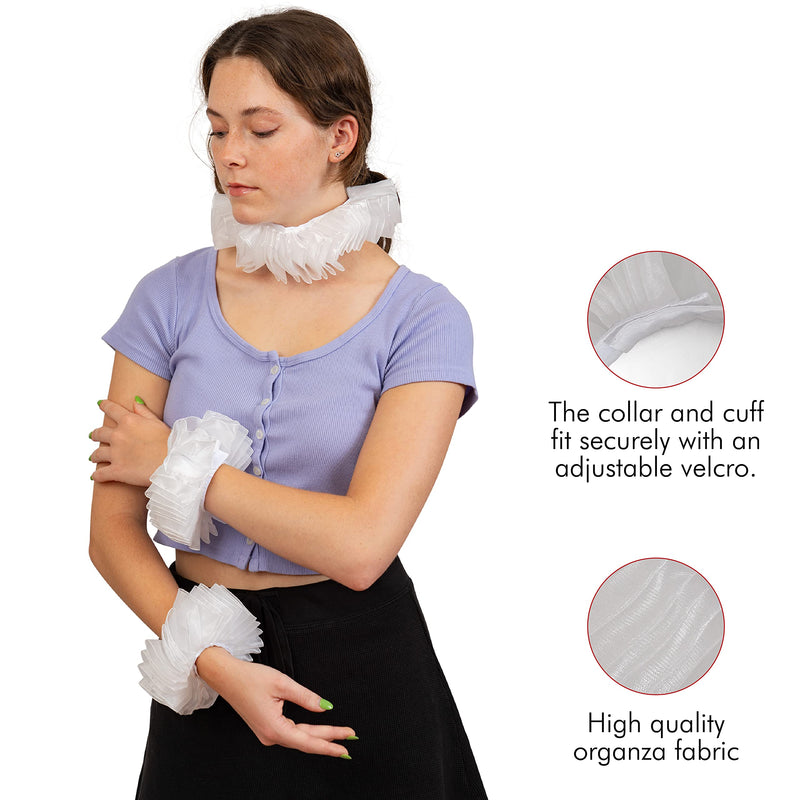 Renaissance Collar Cuff Set - Vintage White Neck Ruff and Wrist Ruffle Cuffs Costume Accessories Dress Up Kit