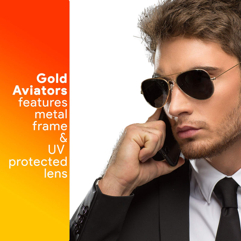 Black Gold Aviator Sunglasses - Military Style Dark Sun Glasses with Gold Metal Frame and UV 400 Protection