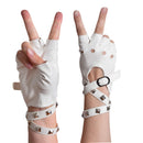 Fingerless Faux Leather Gloves - White Biker Punk Gloves with Belt Up Closure and Rivet Design for Women and Kids