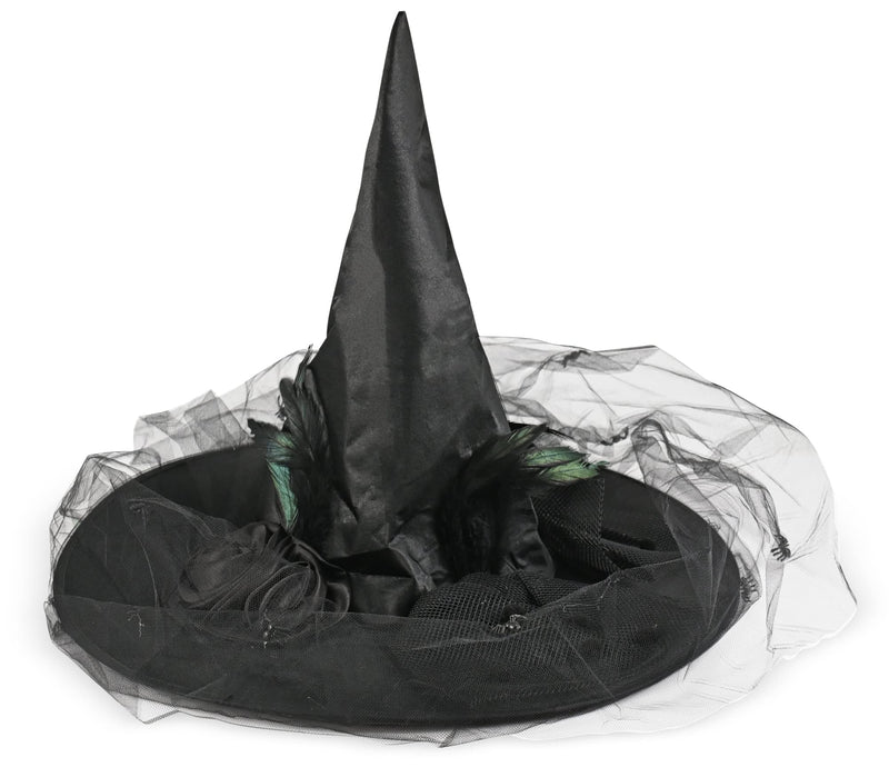 Deluxe Pointed Witch Hat - Glamorous Black Witches Accessories Fancy Satin Hat with Bow, Spiders and Black Feathers